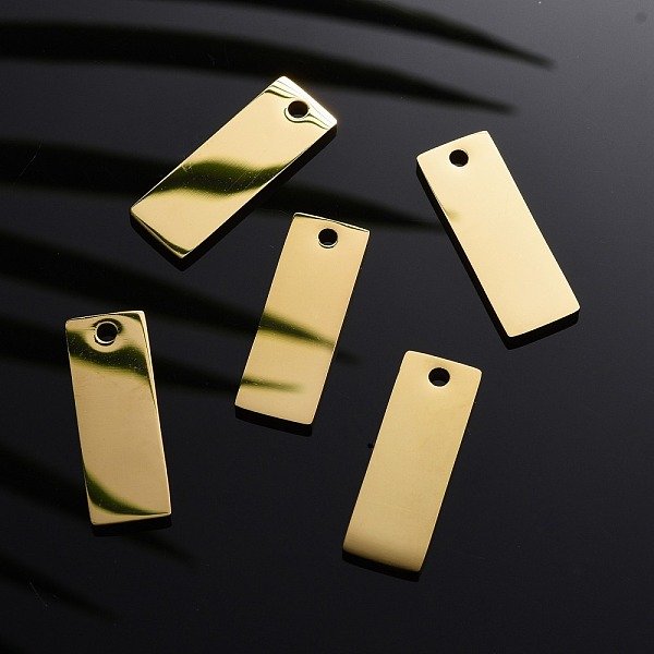 Ion Plating(Ip) 304 Stainless Steel Pendants, Manual Polishing, Blank Stamping Tags, Rectangle, Real 18K Gold Plated, 25X9X1.8Mm, Hole: 1.4Mm-image