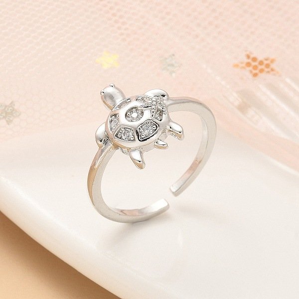 Bagues Ouvertes En Acier Inoxydable 304 Pour Femmes, Avec Zircons, Tortue, Platine, 12.5X11Mm, DiamèTre IntéRieur : RéGlable-image