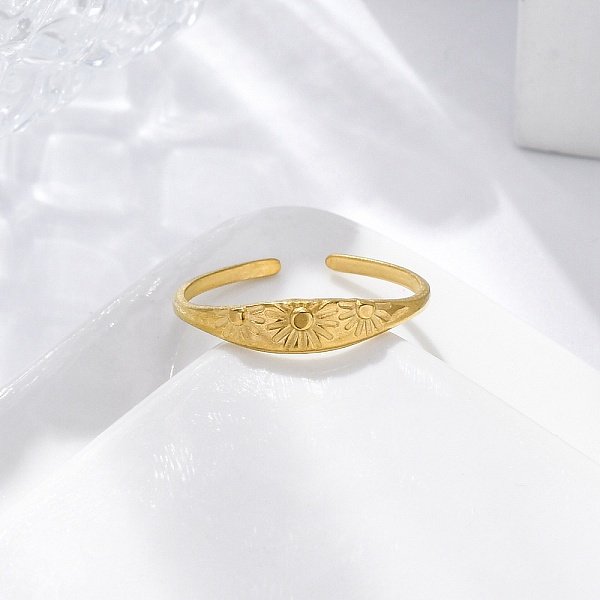 Flower 304 Stainless Steel Open Cuff Rings for Women, Golden, Adjustable, 4mm
