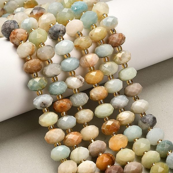 Natural Flower Amazonite Beads Strands, Faceted, Rondelle, with Seed Beads, 9.5-10.5x6.5mm, Hole: 1.2mm, about 44-45pcs/strand, 15.35-15.47 inch(39-39.3cm)