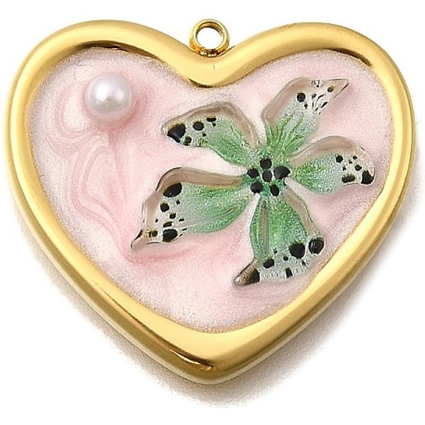 304 Edelstahl-Emaille-AnhäNger, Mit Kunststoff-Perlen, Herz Mit Blumencharme, Golden, 21.5X24X4.5 Mm, Bohrung: 1.4 Mm-image