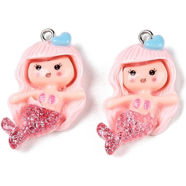 Opaque Resin Pendants, With Glitter Powder And Platinum Tone Iron Loops, Mermaid, Pink, 34X18X6Mm, Hole: 2Mm-image