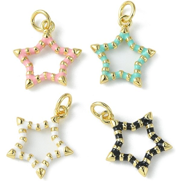 Rack Plating Eco-Friendly Brass Enamel Pendants, With Jump Ring, Long-Lasting Plated, Lead Free & Cadmium Free, Real 18K Gold Plated, Star Charm, Mixed Color, 16.5X14.5X2Mm-image