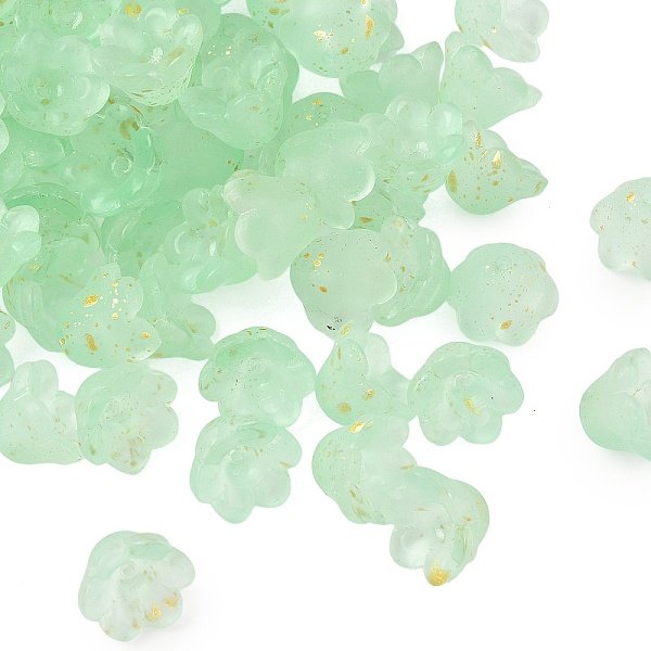 Frosted Glass Bead Cap, 6-Petal Flower, with Gold Powder, Pale Green, 11x12x8mm, Hole: 1.4mm, about 1333pcs/1000g