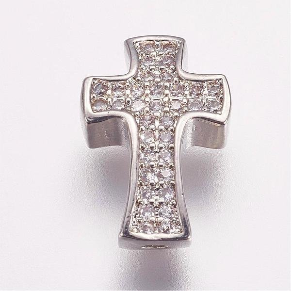 Perline zirconi micro pave in ottone, croce, platino, 14x9x4mm, Foro: 1.5 mm