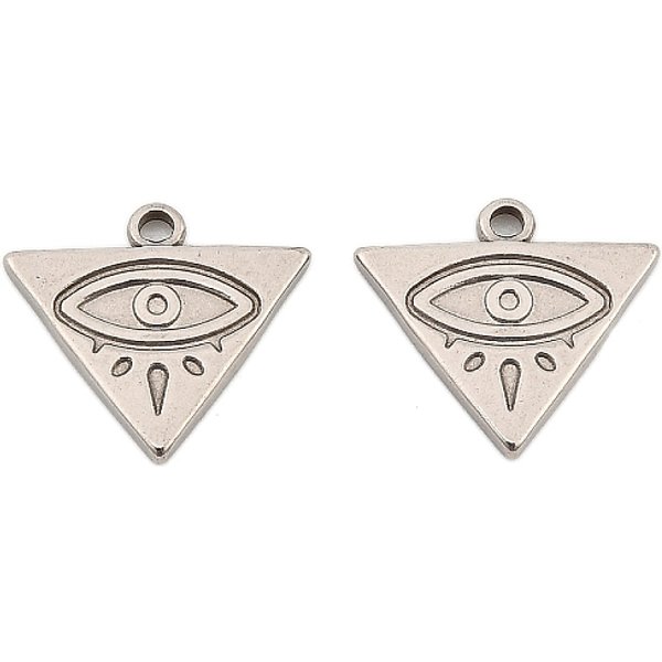 Breloques En Acier Inoxydable 304, Triangle Avec L'œIl, Couleur Inoxydable, 14X15X2Mm, Trou: 1.4Mm-image