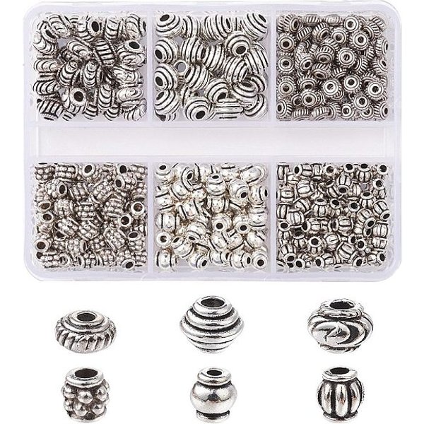 370 StüCke 6 Stile Tibetanische Legierung Abstandshalterperlen, Mischformen, Antik Silber Farbe, 4-6 Mm, Bohrung: 1-2.5 Mm-image