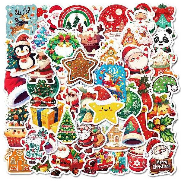 50Pcs Christmas Theme Cartoon Paper Stickers, Self-Adhesive Decals, For Water Bottles Laptop Phone Skateboard Decoration, Mixed Color, 36-50X33-53X0.3Mm-image