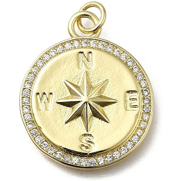 Ottone Micro Spianare Pendenti Zirconi, Moneta Bussola, Cadmio& Piombo Libero, Placcatura Cremagliera, Placcato Di Lunga Durata, Con Anello Di Salto, Vero Placcato Oro 18K, 23.5X19.5X3Mm, Foro: 3.4 Mm-image