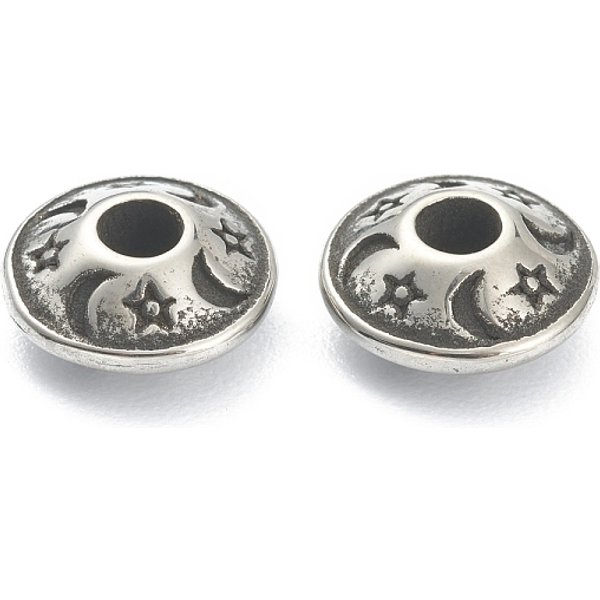 Perline Distanziatrici In Acciaio Inossidabile 304, Disco Con Stella E Luna, Argento Antico, 8X4Mm, Foro: 2 Mm-image