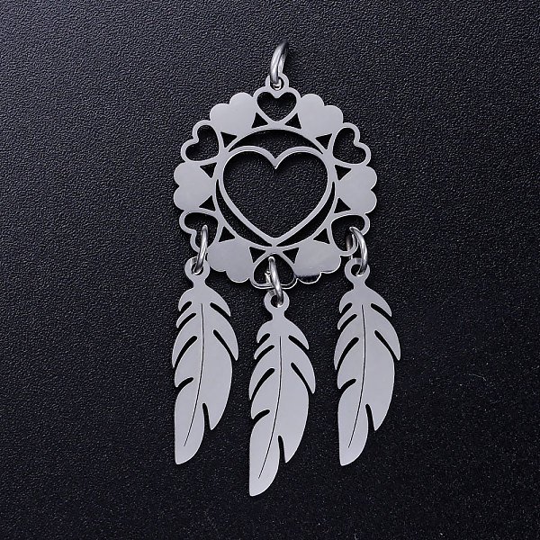 Pendentifs En Acier Inoxydable 201 Anti-Ternissement, Avec Anneaux De Jonction, Toile TisséE / Toile Avec Plume, Couleur Inoxydable, 44X20X1Mm, Trou: 3Mm, Anneau: 5X0.8 Mm-image