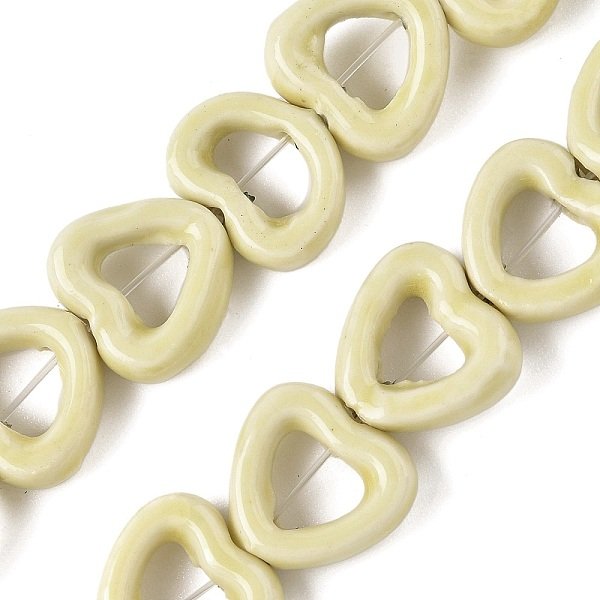 Handmade Porcelain Beads Strands, Heart, Bright Glazed Porcelain, Light Khaki, 13X14.5X5Mm, Hole: 1.4Mm, About 25Pcs/Strand, 12.60''(32Cm)-image