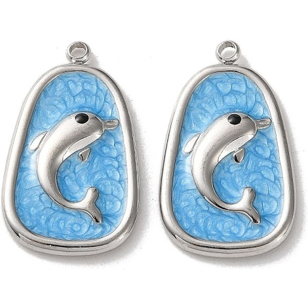 304 Stainless Steel Pendants, With Enamel, Dolphin Charms, Stainless Steel Color, 27X16X3Mm, Hole: 1.8Mm-image