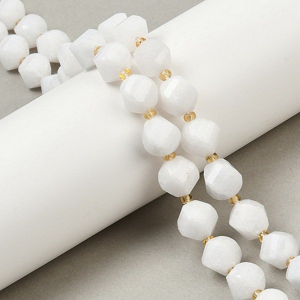 Natural White Jade Beads Strands, Faceted, Twist, With Seed Beads, White, 10X9-10X9-10Mm, Hole: 1Mm, About 33Pcs/Strand, 15.35''(39Cm)-image