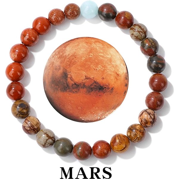 Regalo De JoyeríA Con Tema De Planeta, Pulseras EláSticas Con Cuentas Redondas De Piedras Preciosas Mixtas, Marte, 7-1/2 Pulgada (19 Cm)-image