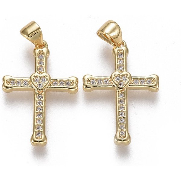 Colgante micropavé cubic zirconia de latón, cruzar con el corazón, Claro, real 18k chapado en oro, 23x15.5x2.5mm, agujero: 4.5x5.5 mm