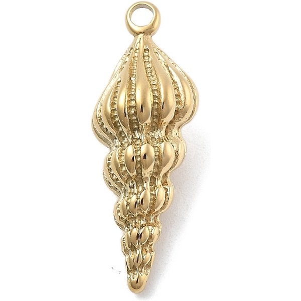 304 Stainless Steel Pendants, Conch Charm, Ion Plating(Ip), Real 18K Gold Plated, 28X10X10Mm, Hole: 2Mm-image