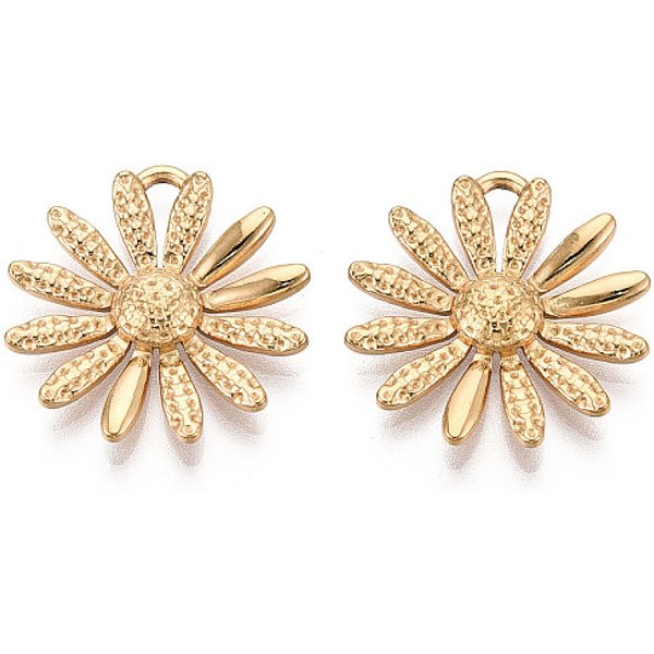 304 Stainless Steel Daisy Pendants, Ion Plating(Ip), Real 18K Gold Plated, 24X22.5X3Mm, Hole: 2X3Mm-image