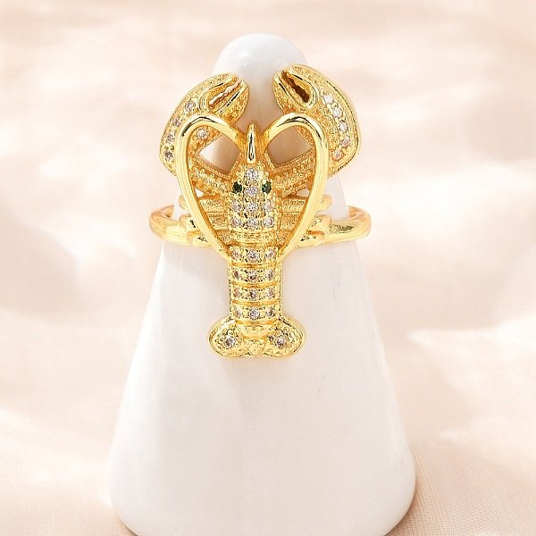 Brass Micro Pave Cubic Zirconia Cuff Rings, Golden, Shrimp, 26.5X18Mm-image