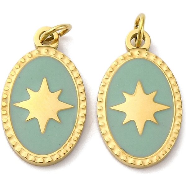 304 Stainless Steel Enamel Pendants, Oval With Star Charm, With Jump Ring, Ion Plating(Ip), Real 18K Gold Plated, Dark Sea Green, 15.5X9X1.5Mm, Hole: 2.5Mm-image