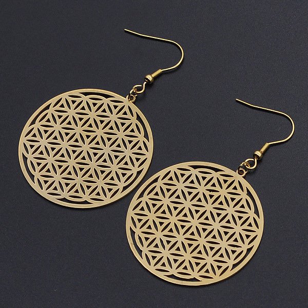 Boucles d'oreilles pendantes en acier inoxydable 201, fleur de la vie, or, 63mm, pin: 0.6 mm