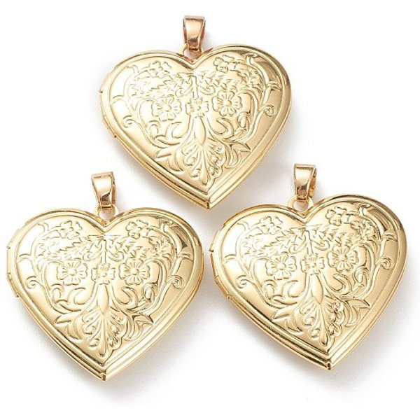 Brass Locket Pendants, Photo Frame Pendants for Necklaces, Long-Lasting Plated, Heart, Real 18K Gold Plated, 29x28.5x7mm, Hole: 4.5x3mm, 21x16mm Inner Diameter