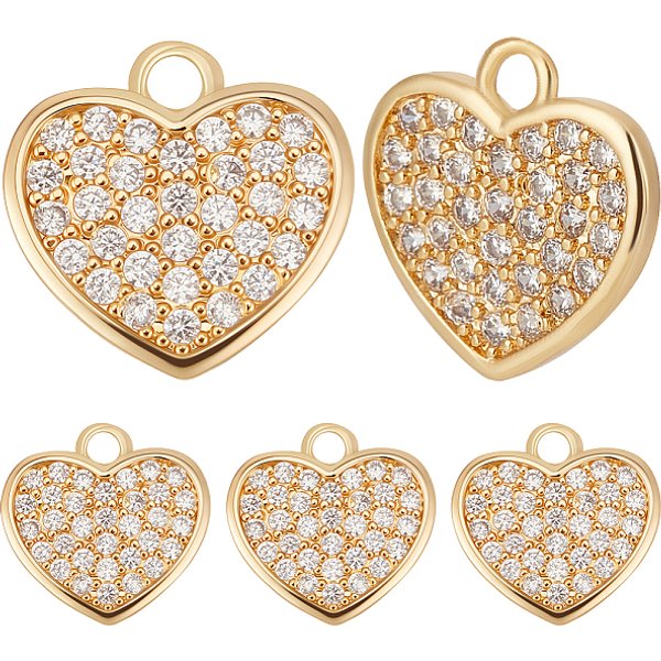 8 Breloques En Laiton Micro Pavé De Zircone Cubique, CœUr, Sans Cadmium Et Sans Plomb, Plaqué Longue DuréE, CréMaillèRe Plaquage, VéRitable 18K Plaqué Or, 13X13X1.5Mm, Trou: 1.8Mm-image