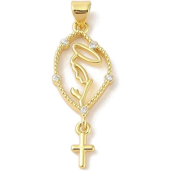 Colgantes De Circonita CúBica Transparente De LatóN Chapado En Rack, Sin Plomo Y Cadmio, Ovalada Con La Cruz, Real 18K Chapado En Oro, 32X13X2.5Mm, Agujero: 3X4 Mm-image