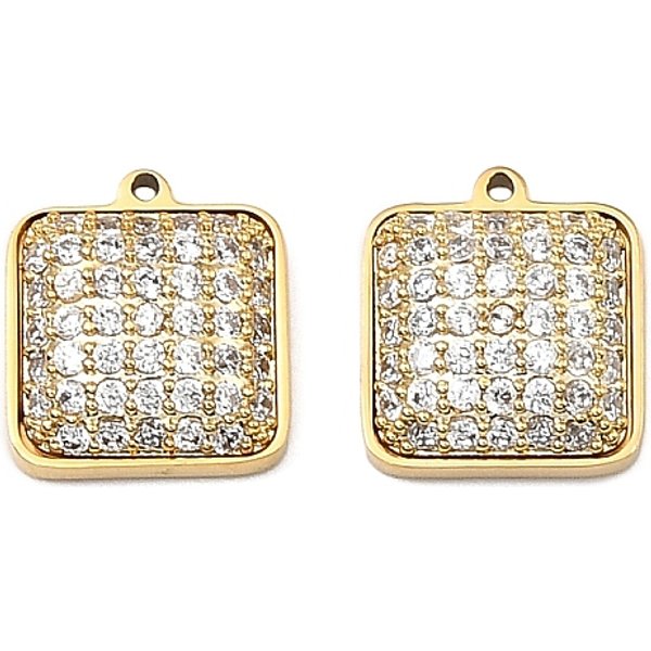 304 Stainless Steel Micro Pave Cubic Zirconia Charms, Cadmium Free & Nickel Free & Lead Free, Golden, Square, 10X9X3Mm, Hole: 0.8Mm-image