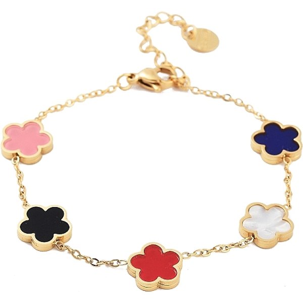 Pulseras De Cadena De Eslabones De Concha Y Resina De Flores, Pulseras De Cadena De Cable De Acero Inoxidable 304 En Tono Dorado Para Mujer, Colorido, 6-1/4-6-3/8 Pulgada (15.9-16.3 Cm)-image