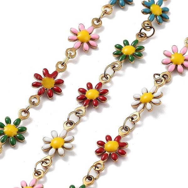 Ion Plating(IP) 304 Stainless Steel Handmade Beaded Chain, with Enamel, with Spool, Soldered, Real 18K Gold Plated, Flower, Colorful, 13x7.5x2mm, about 16.40 Feet(5m)/Roll