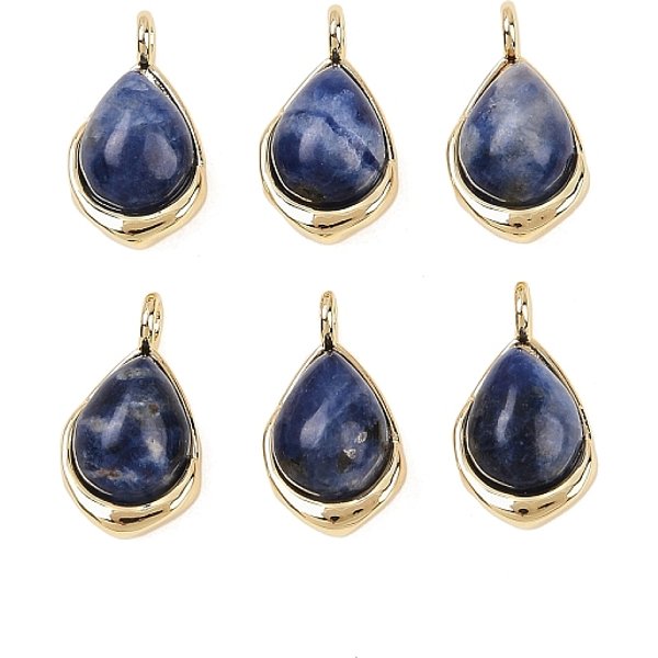 Natural Sodalite Teardrop Charms, With Brass Settings, Real 18K Gold Plated, Cadmium Free & Lead Free, Rack Plating, Long-Lasting Plated, 14X8X5Mm, Hole: 2Mm-image