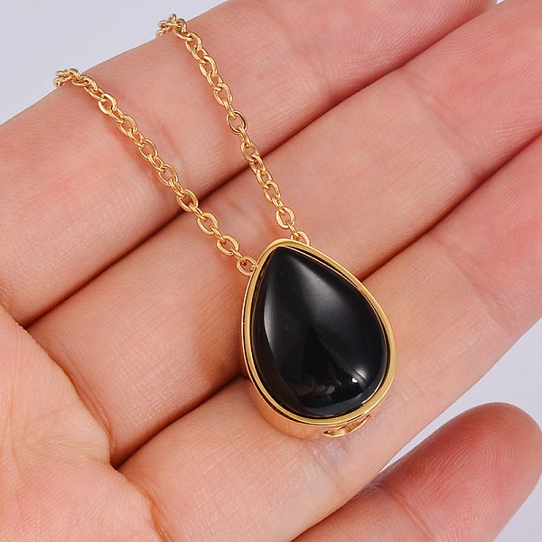 Halskette Mit AnhäNger Aus NatüRlich GefäRbtem Und Erhitztem Schwarzem Achat In Tropfenform FüR Urne Und Asche, Gedenkschmuck Aus Edelstahl FüR Frauen, Golden, 19.69 Zoll (50 Cm)-image