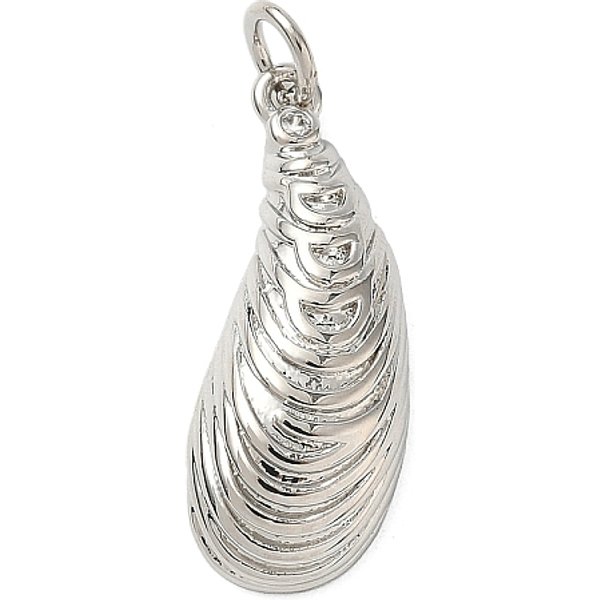 Brass Micro Pave Clear Cubic Zirconia Pendants, Conch Charms, Rack Plating, Long-Lasting Plated, Lead Free & Cadmium Free, Platinum, 24.5x10x4.5mm, Hole: 3.3mm
