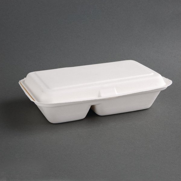 Fiesta Compostable Bagasse Hinged 2-Compartment Food Containers 253mm (200 Pack)