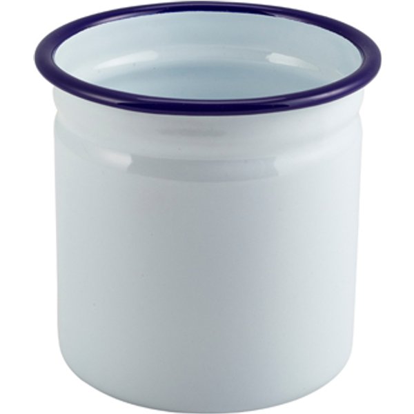 Enamel Cutlery Holder White with Blue Rim 11.5cm Dia