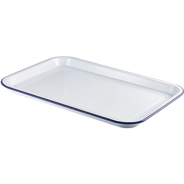 Enamel Serving Tray White with Blue Rim 33.5x23.5x2.2cm - Pack of 6