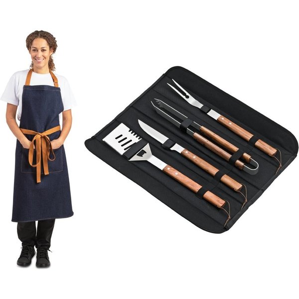 Deglon Sabatier Prep Like A Pro 4-Piece BBQ Utensil Set With Whites Denim-Blue Apron