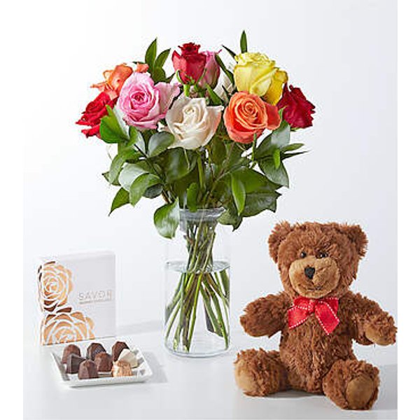 Mixed Roses Gift Sets - 12 Roses with Vase Chocolate, and Bear - FedEx