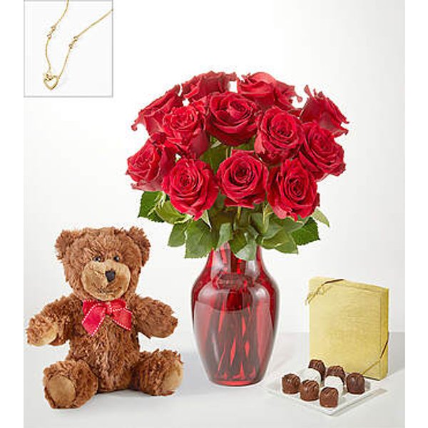 Red Roses Gift Sets - 12 Roses with Red Vase Chocolate, Bear and Necklace - FedEx