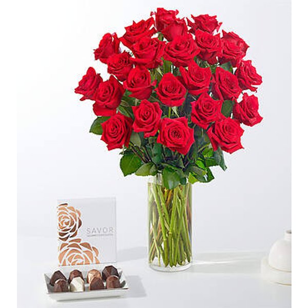 Red Roses Gift Sets - 24 Roses with Vase and Chocolate - FedEx