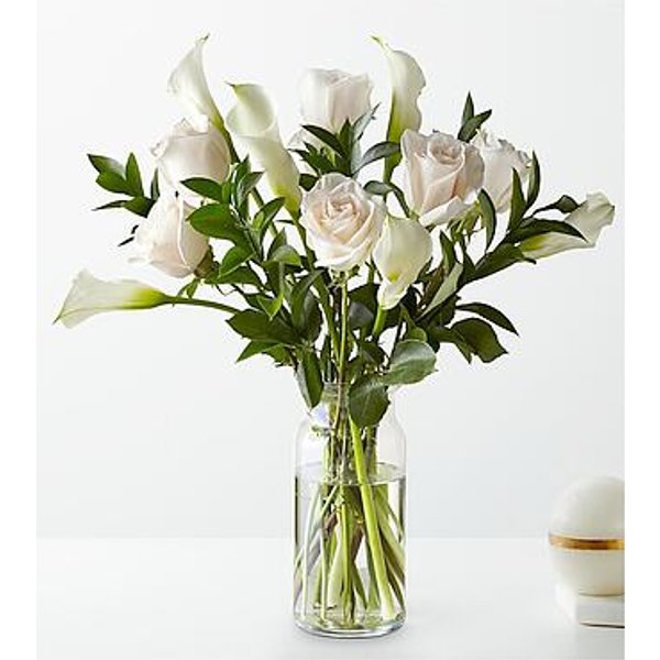 Vision in Ivory Rose and Calla Lily Bouquet - Deluxe with Vase - FedEx