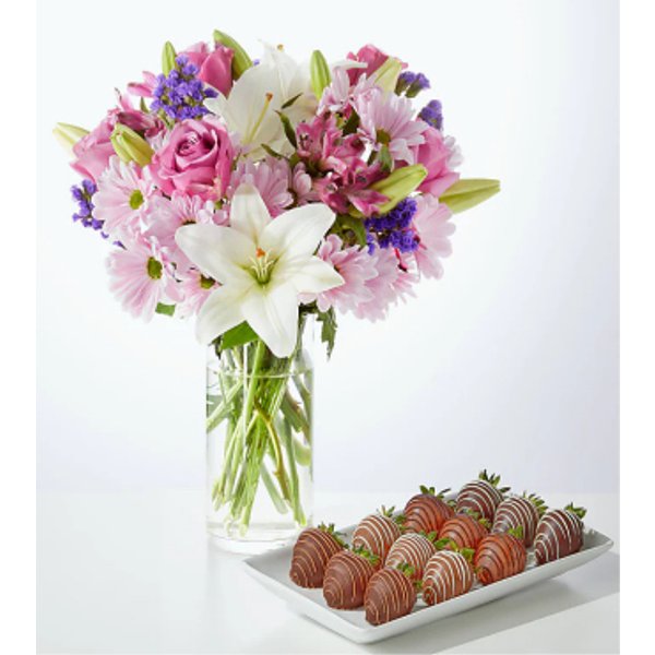 Lavender Fields Bouquet and Berry Bundle - Standard Bouquet with Berries and Glass Vase - FedEx