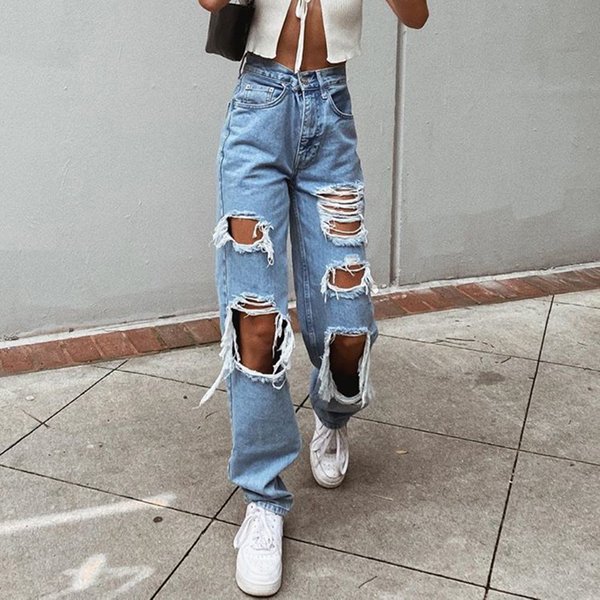 Women's Clothing Ripped Jeans Straight Leg Loose Jeans-image