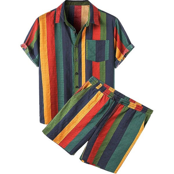 CT Men's Beach Hawaiian Colorful Striped Short Sleeve And Shorts Set Two-Piece Shirt