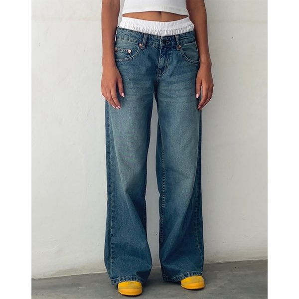 Vintage Low-Rise Straight Leg Jeans For Women - Classic Washed Denim With Wide Leg Design, Retro Style, Comfortable Cotton Fabric