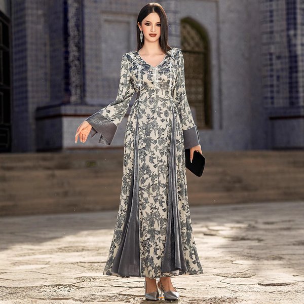 Women's Clothing V Neck Satin Jacquard Muslin Dress Handmade Beaded Elegant Long Sleeve Dress-image
