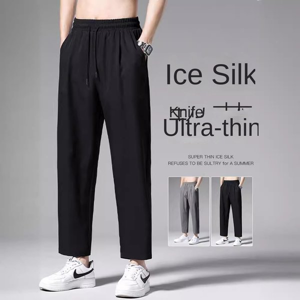 Straight Ice Silk Pants Men's Cropped Pants Summer Thin Casual Pants Breathable Men's Pants Wide Leg Dipper Men's Pants