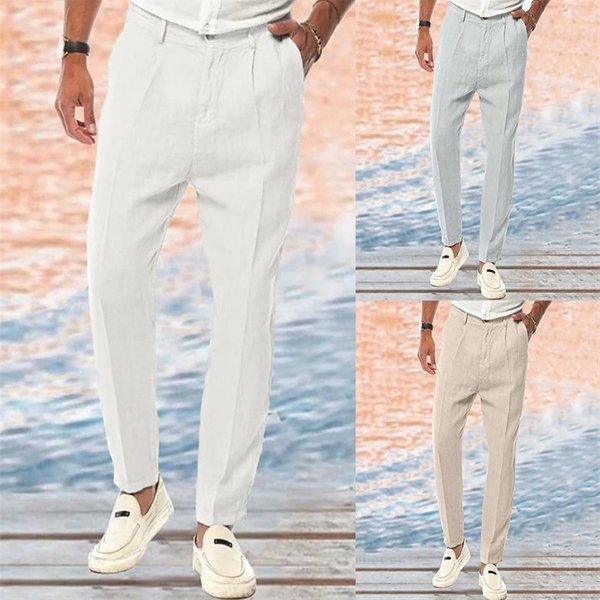 Men's Clothing Linen Pants Straight Solid Color Comfortable Outdoor Casual Loose Long Library-image