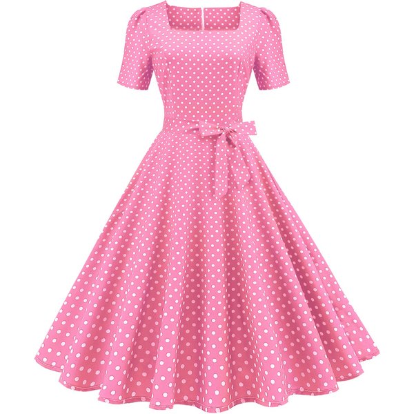 retro women's clothing foreign trade temperament square neck short sleeved polka dot print waist waist large swing dress